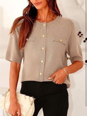 🧸 Button-Front Knit Short Sleeve Cardigan - Taupe